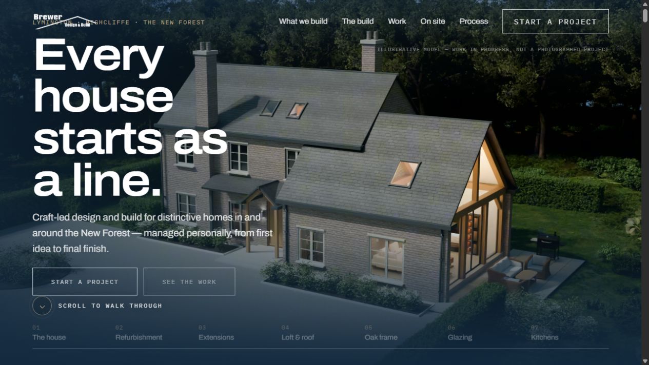 Work-in-progress website opening with large typography over an illustrative house model