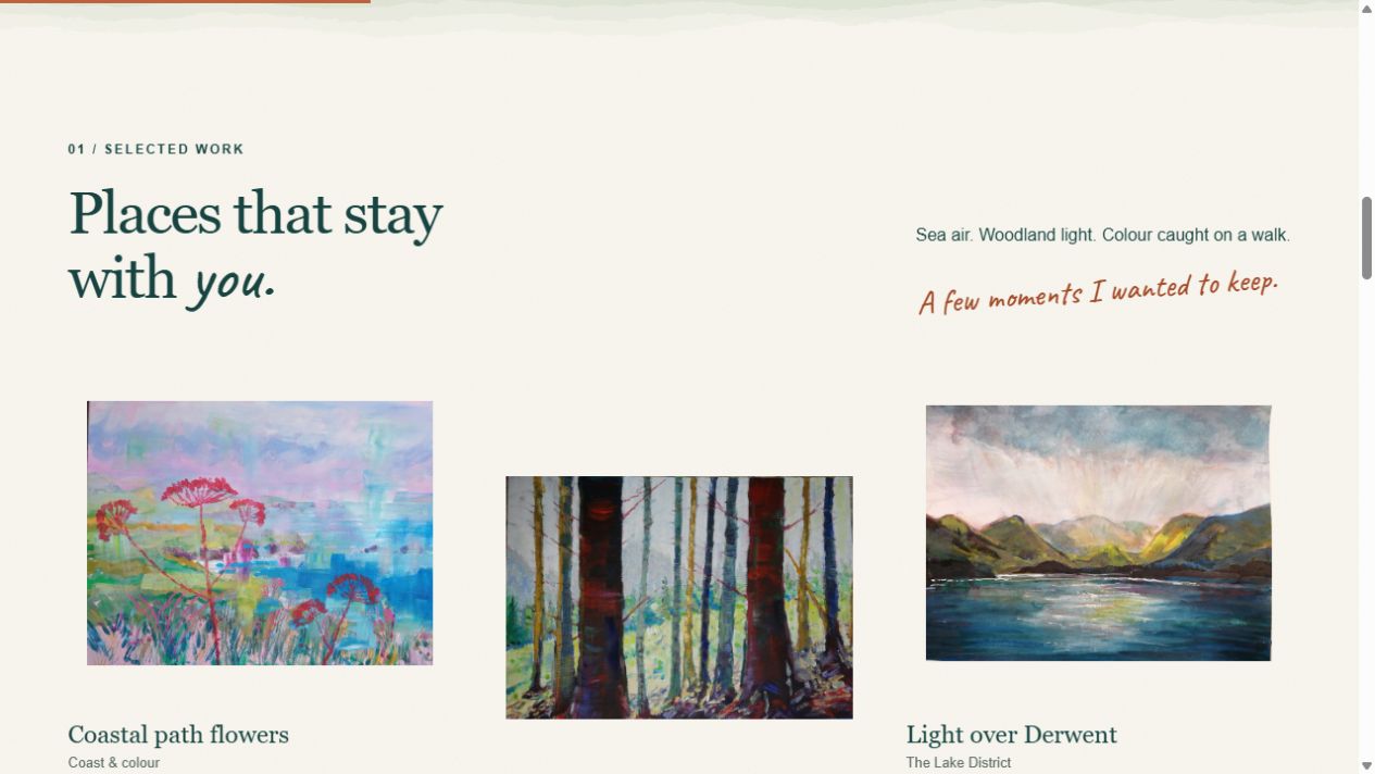 The selected artwork gallery with staggered coastal, woodland and Lake District paintings