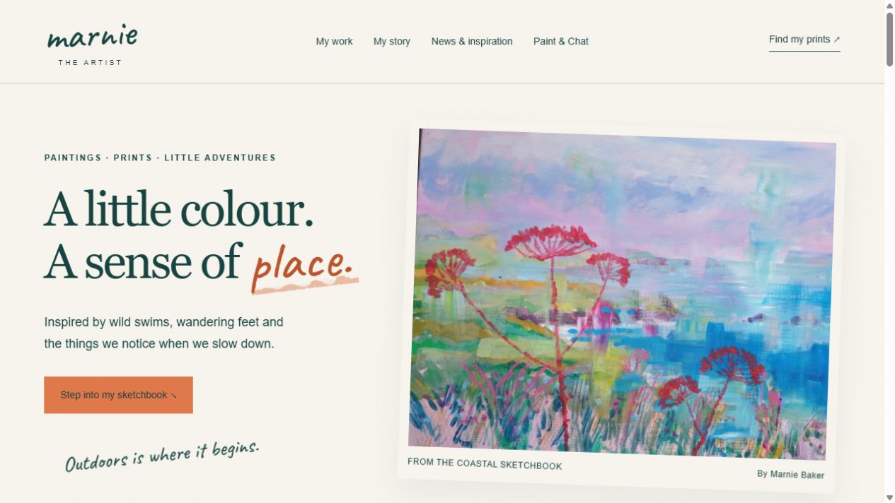 Marnie’s website opening: a cream background, forest-green typography and a colourful coastal painting