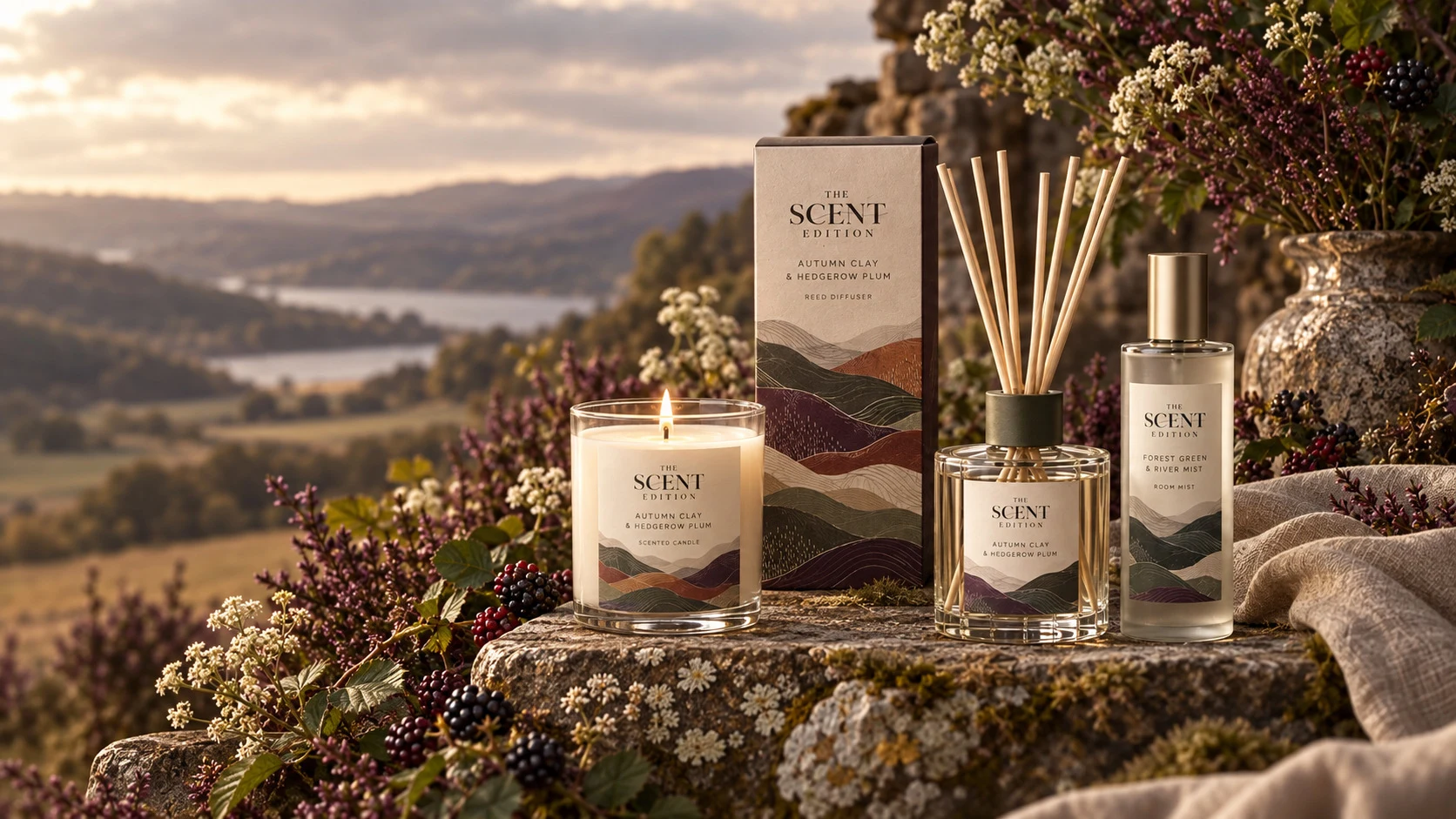 Design visualisation of plum-accented fragrance packaging in a landscape setting