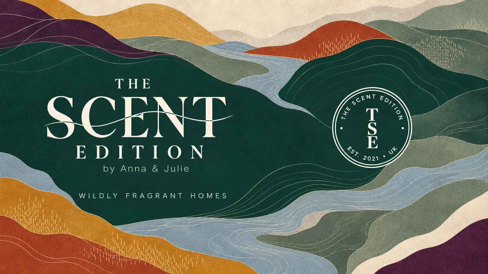 The Scent Edition wordmark set within layered green, parchment, plum and gold landforms
