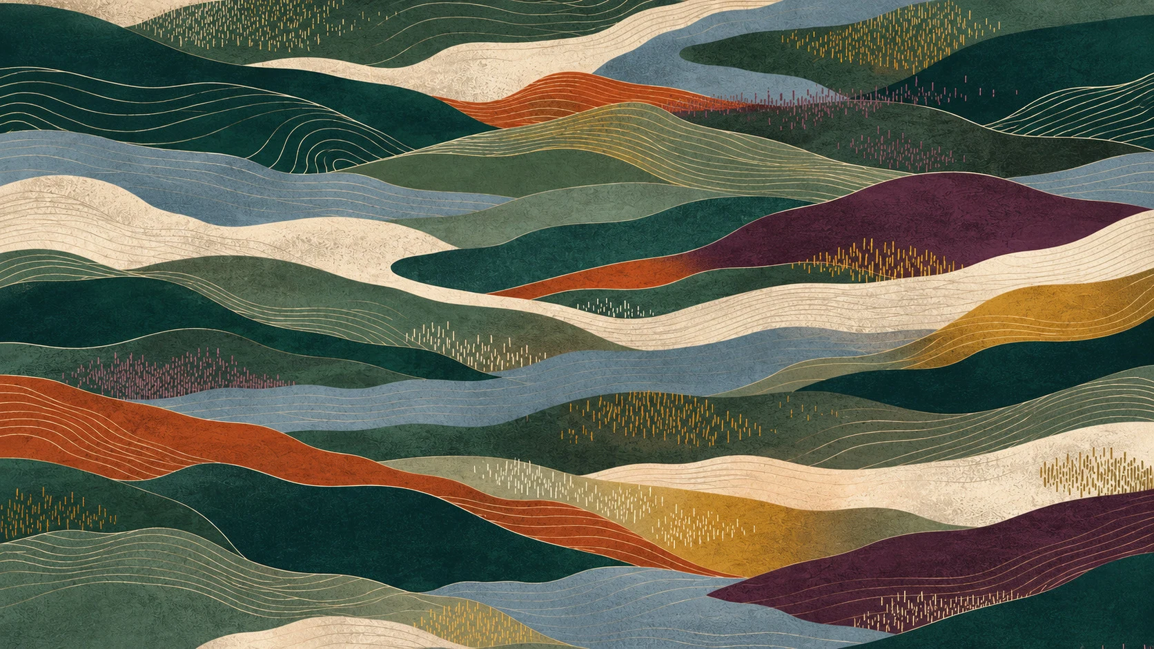 Layered landscape artwork in the six-colour identity palette