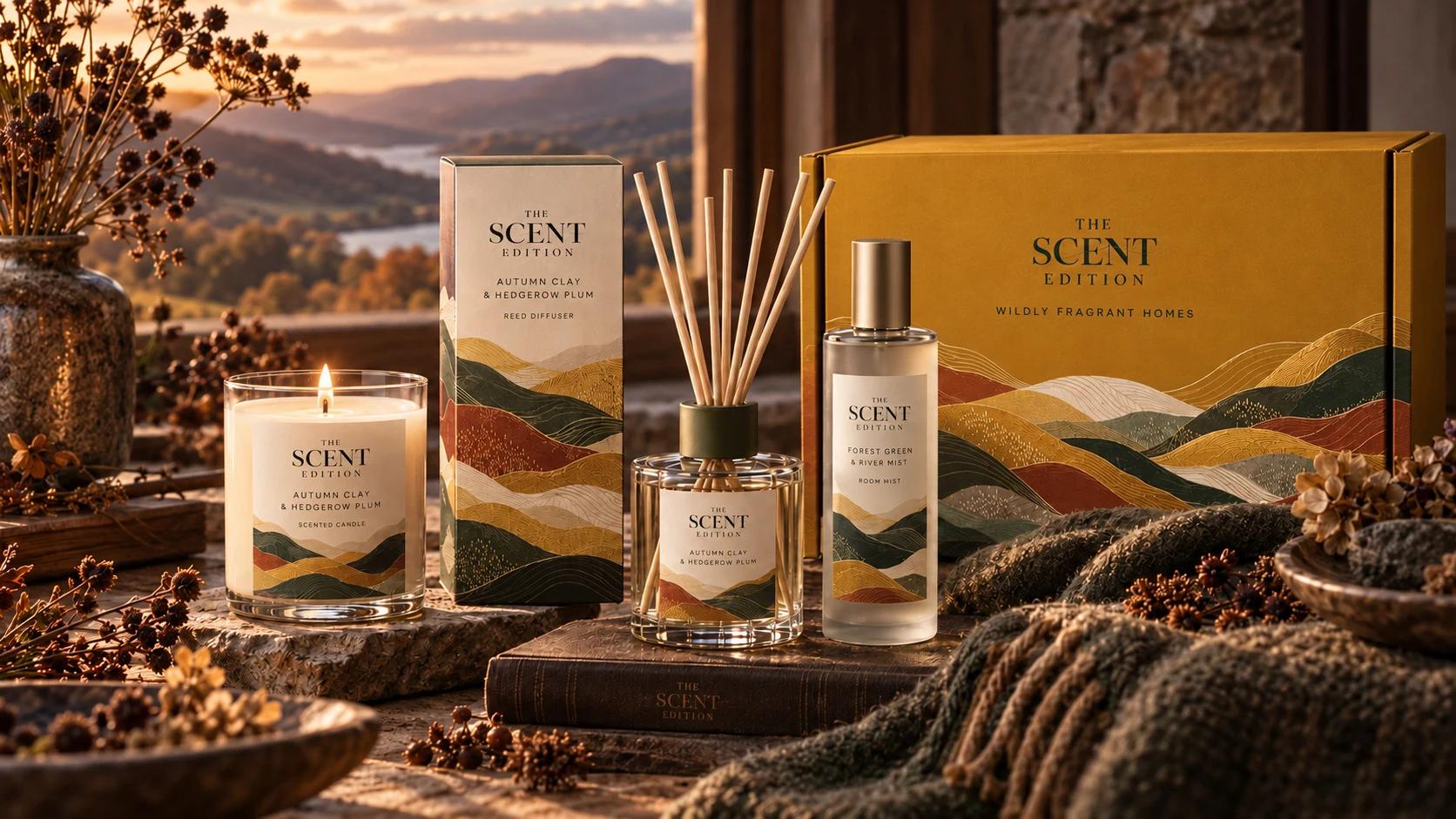 Design visualisation of gold-accented fragrance packaging