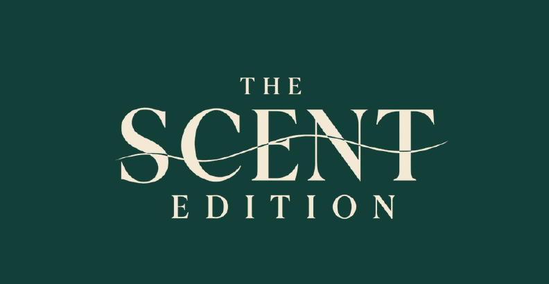 The Scent Edition’s light wordmark on deep forest